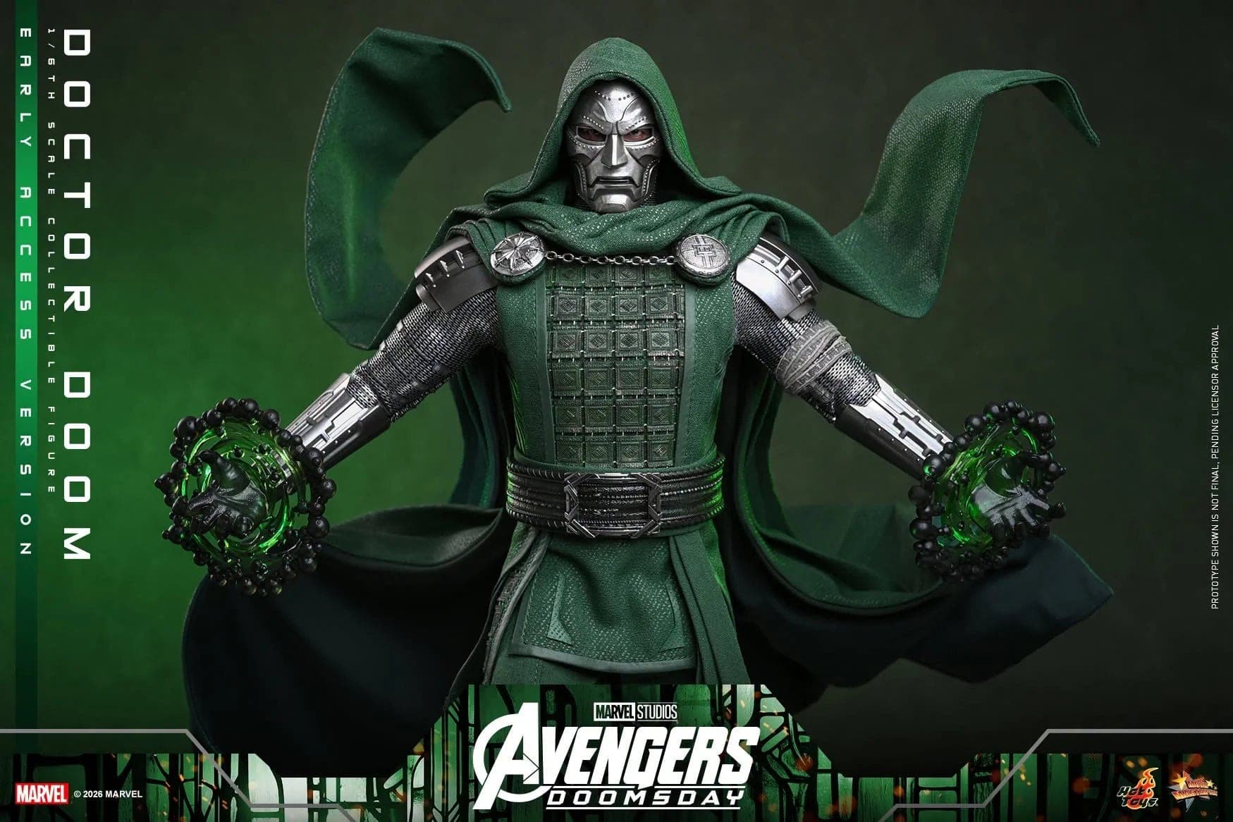 Doctor Doom collectible figure from Marvel's Avengers Doomsday, featuring a dark green hooded robe, metallic silver armour, and green energy gauges in both hands, set against a dark green background with franchise branding
