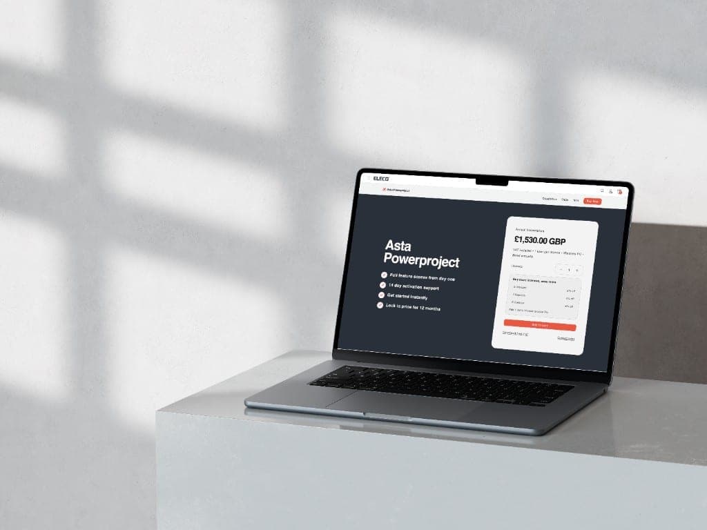A laptop showing the Asta Powerproject annual subscription at £1,530 GBP, with licence quantity and add to cart