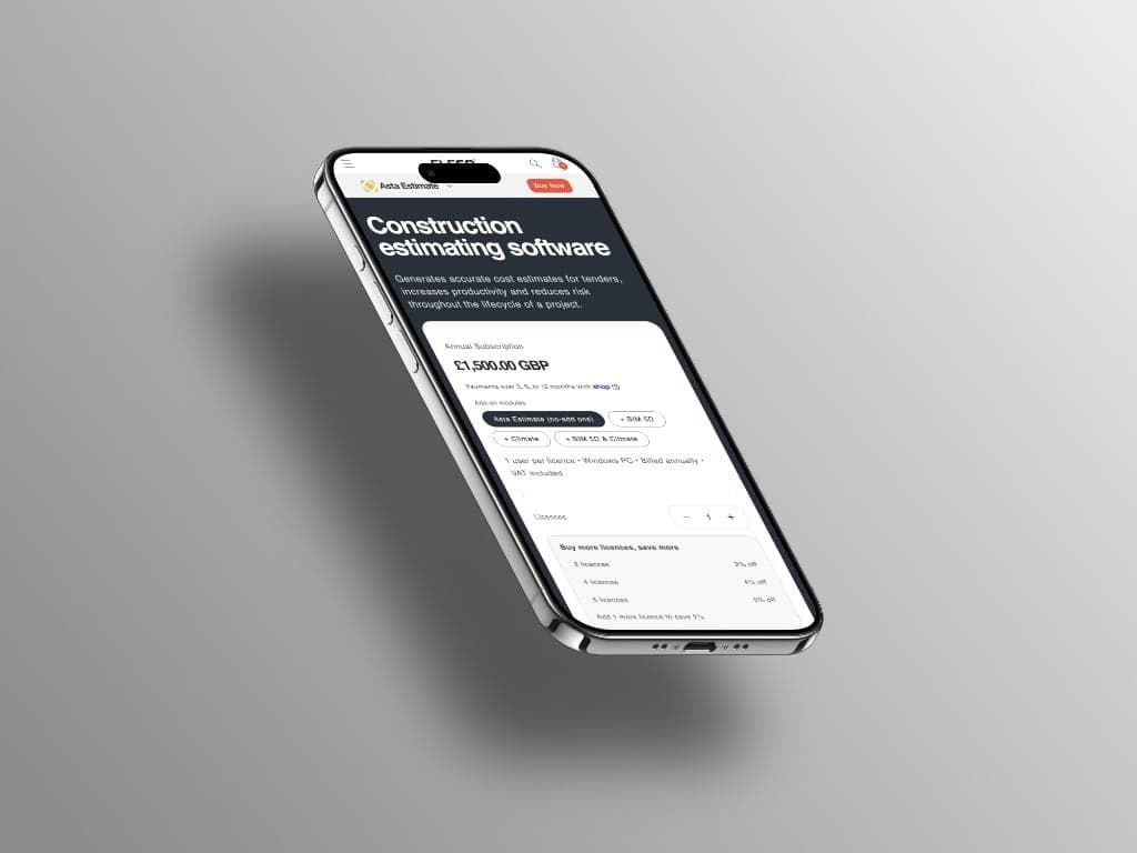 A phone showing the Asta Estimate subscription at £1,500 GBP, with licence quantity and volume discounts