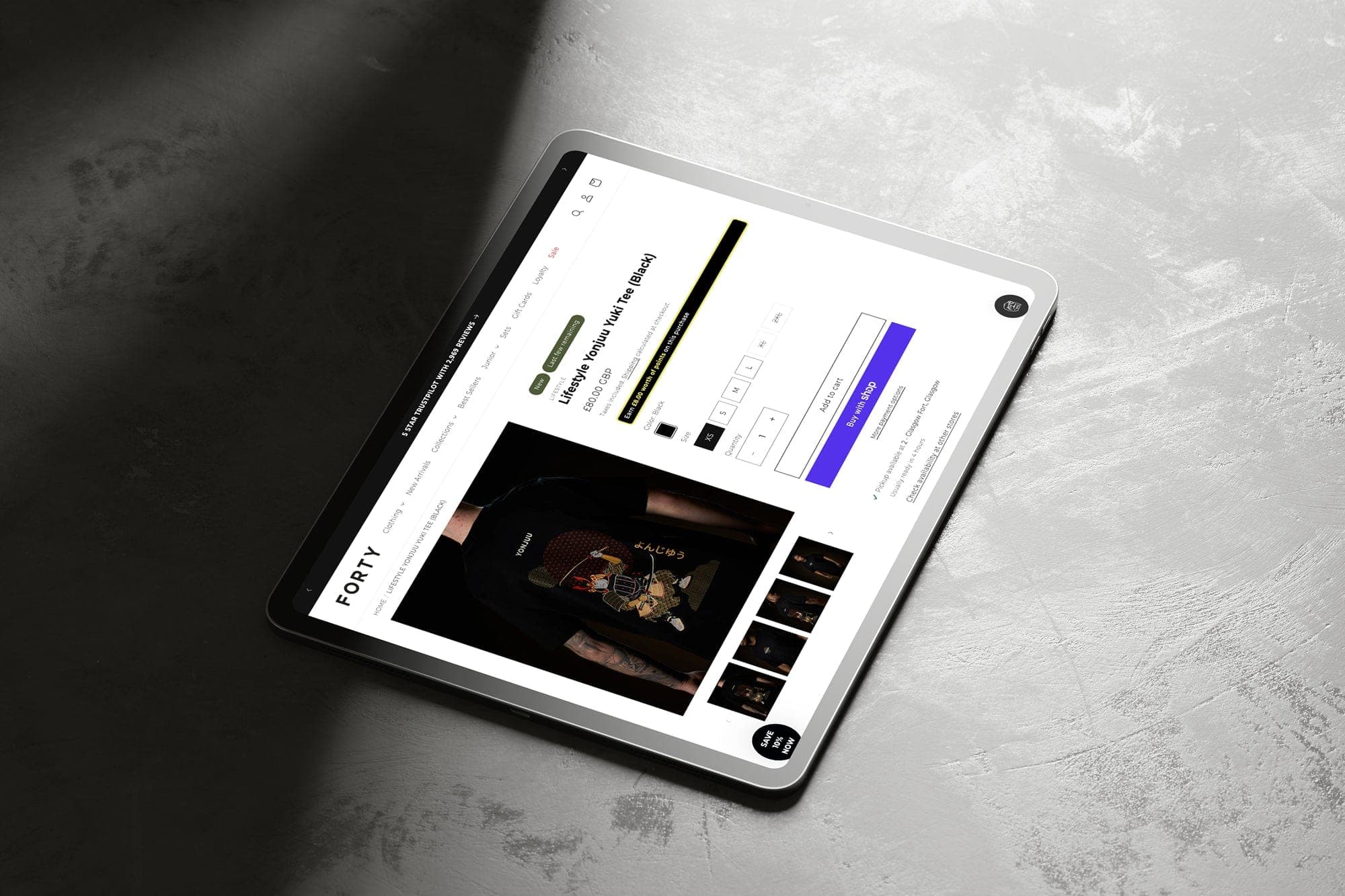Forty Clothing product browsing on tablet
